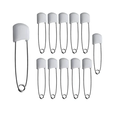 Image of 12 Baby Nappy Safety Pins, 2.2 Inch Diaper Plastic Push in 55mm Durable Head Fasteners With Lock Closures, Stainless Steel, Ideal for Terry Squares, Flat and Prefold Nappies (12 Pack)