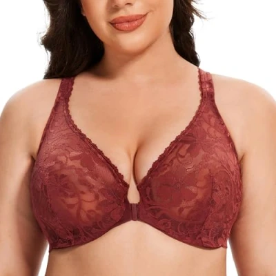 Image of MELENECA Women&#039;s Front Fastening Underwire Plus Size Racerback Non Padded Sexy Lace Bra Cabernet Red 42B