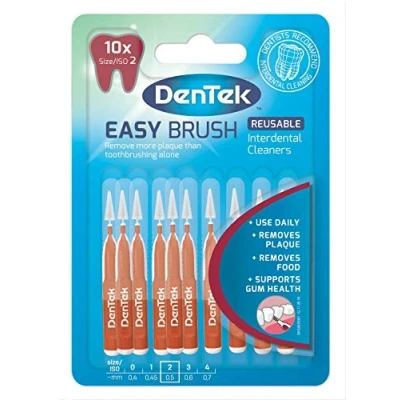 Image of DenTek Easy Brush Interdental Brushes, ISO2/0.5mm for removing food and plaque between teeth. 10 Pack