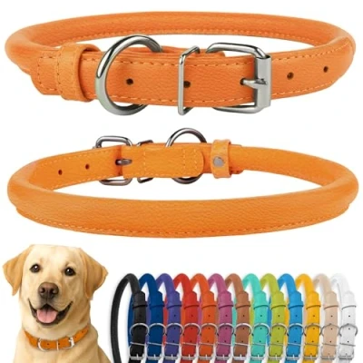 Image of CollarDirect Rolled Leather Dog Collar, Soft Padded Round Puppy Handmade Genuine Collar Small Large Cat Collars Black Pink Red Purple Blue (Fits 16&quot; 20&quot; Neck, Orange)