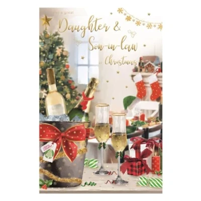 Image of ICG Great Daughter and Son in Law Christmas Card Champagne Bucket Festive Lounge Embossed with Foil Flitter Details