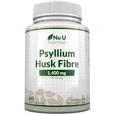Image of Psyllium Husk Fibre Supplement 1400mg per Serving 240 Vegan Capsules Natural Soluble Prebiotic Fiber from Plantago Ovata Seeds Made in The UK Nu U Nutrition