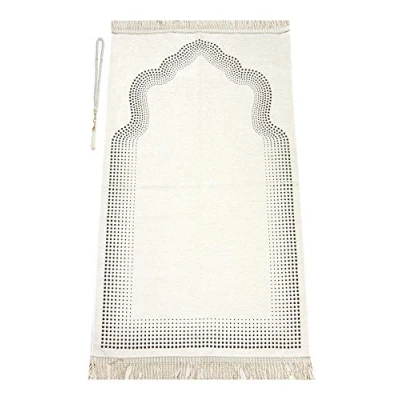 Image of Muslim Prayer Rug with Beads Janamaz Sajadah Soft Islamic Mihrab Design Gifts Carpet Mat, Chenille Fabric, Cream