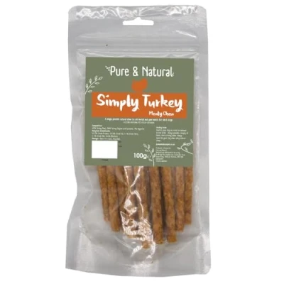 Image of Pure &amp; Natural Simply Turkey Meaty Sticks Dog Treats, Low Fat Lean Protein Stick, Grain Free, Chews 100g Bag
