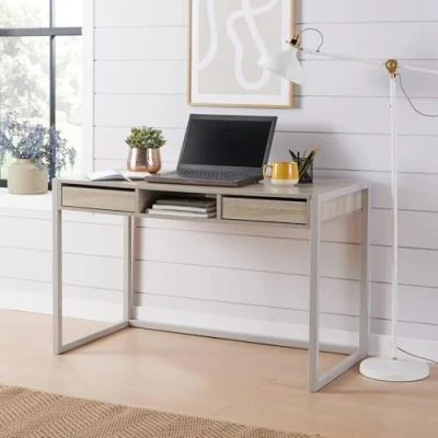 Image of Home Source Toronto Office Workstation 2 Drawer Shelf Storage PC Computer Desk, MDF, Sonoma Oak, 120cm