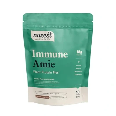 Image of Nuzest Protein Plus Immune Amie Chocolate Supports Healthy System with Stress Support Benefits Vitamins &amp; Minerals Lion&#039;s Main, Maitake Shitake Mushrooms 250g (10 Servings)