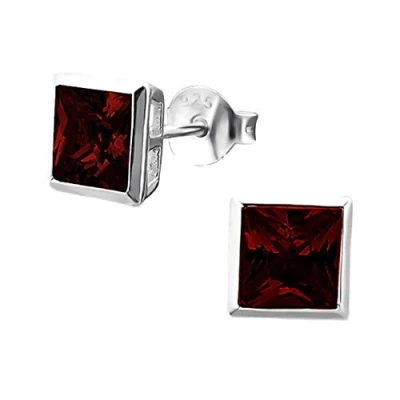 Image of The Goldmine Small 5x5mm Square Shaped Stud Earrings Genuine 925 Sterling Silver and Red Garnet Cubic Zirconia (January Birthstone) incl. FREE Presentation Box UK delivery