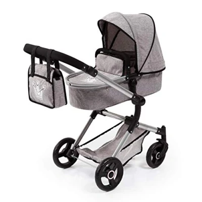 Image of Bayer Design 18410AA Stroller, Doll Combi Pram Neo Vario with Changing Bag and Underneath Shopping Basket, Foldable, Swivel Front Wheels, Grey Crown