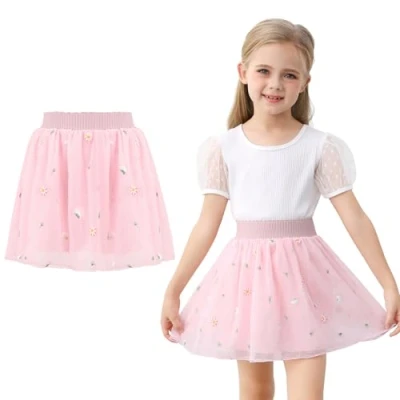 Image of boruizhen Girls Skirts Floral Embroidered Tutu for 4 Layered Kids Tulle Skirt with Soft Lining Festival Birthday 2 6 Years Pink