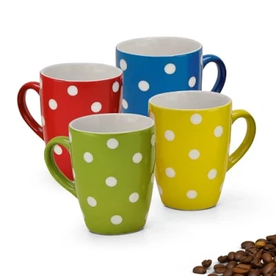 Image of Set of 4 Mugs in Blue, Red, Yellow and Green Beautiful Ceramic Coffee Cups 250 ml for Cappuccino Tea Extraordinary Dishwasher Microwave Safe as a Gift