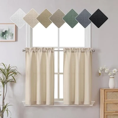Image of Chyhomenyc 2 Panels Linen Kitchen Curtains 36 inch Length Tier Curtains, Faux Textured Small Cafe Light Filtering Short Window for Bathroom Basement, Each 30x36