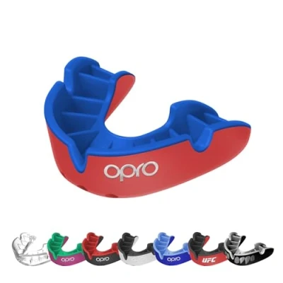 Image of OPRO Silver Mouthguard Essential Fit (Red/Dark Blue) Gum Shield Adult (Age 10+) Mouth Guard Boxing &amp; MMA, Easy Self Rugby and Hockey Superior Protection with Dental Warranty