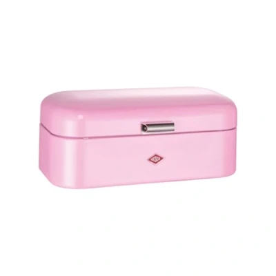 Image of WESCO Grandy bread bin in pink, powder coated sheet steel, ventilation holes and sturdy handle, 41 x 25.5 16.5 cm
