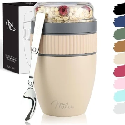 Image of Milu Cereal Cup to go 400ml I Insulated Yoghurt for muesli Leak Proof with Spoon Yoghurt/Porridge (Beige)