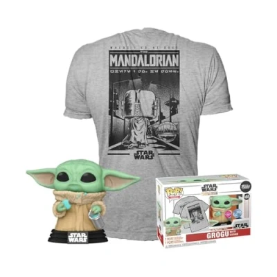 Image of Funko Pop! &amp; Tee: Mando Grogu With Cookie (the Child, Baby Yoda) (Grogu Yoda), Large (L) Star Wars: the Mandalorian T Shirt Clothes