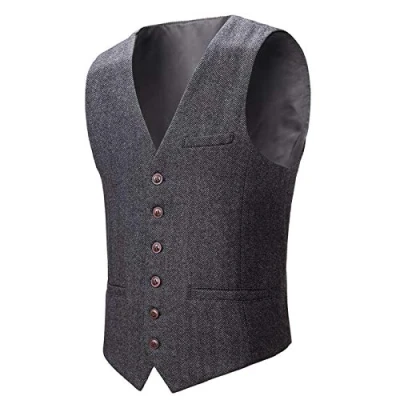 Image of BOTVELA Men&#039;s Slim Fit Herringbone Tweed Waistcoat Full Back Wool Blend Suit Vest (Dark Grey, XX Large)