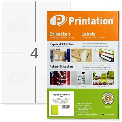 Image of Printation Address Labels Stickers 148 x 105 mm self Adhesive, Blank, White 25 A4 Sheets 2x2 100 Shipping A6 105x148 Postage 4 per Sheet 3483 6120 4476