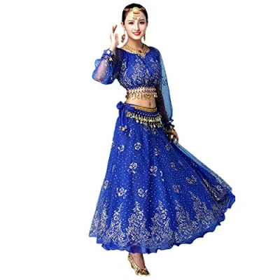 Image of Grouptap Bollywood indian womens long sleeve anarkali lehenga choli saree dress blue arabian princess belly dance skirt outfits costume (Blue, 150 170 cm, 45 70 kg)