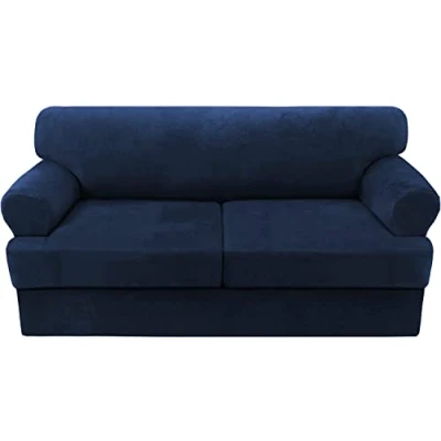 Image of LINGKY Velvet Sofa Covers with Separate T Cushion Ultra Soft Plush Slipcover No Pilling Washable Furniture Protector Elastic Bottom (Navy,2 Loveseat)