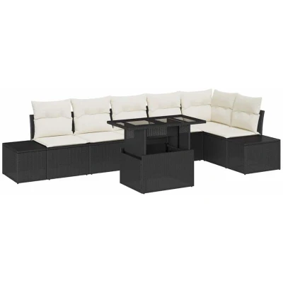 Image of vidaXL 7 Piece Garden Sofa Set with Cushions Black Poly Rattan