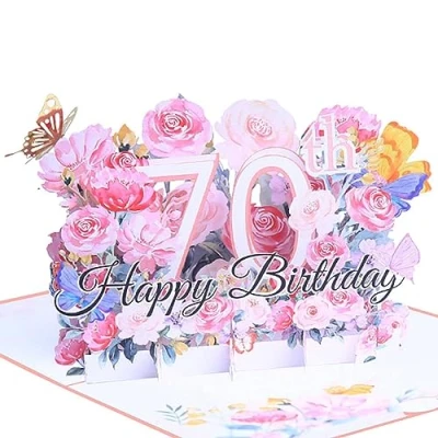 Image of Happy 70th Birthday Card, 3D Flower Pop Up Greeting Cards, Cards with Envelope and Note Anniversary Card,Birthday Gift for Women Men