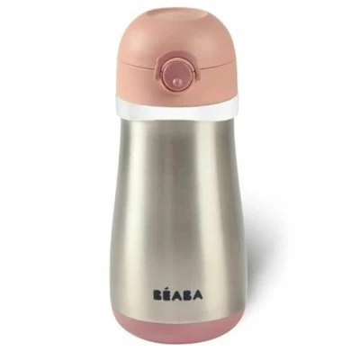 Image of BÉABA, 2 in 1 Childrens Stainless Steel Bottle, Bottle/Glass Function, Push Button for Easy Opening, Solid, Healthy, Removable Handles, Cold/Hot, 350ml, Old Pink