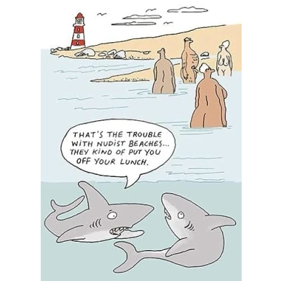 Image of Funny Birthday Card Sharks at the Nudist Beach Hilarious Cartoon Greeting