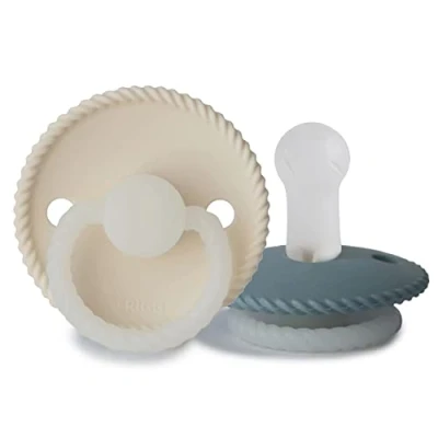 Image of FRIGG Rope Night Silicone Pacifier Pack of 2 Soother Dummy Glow BPA Free Made in Denmark Symmetrical Cherry Shaped Nipple (Stone Blue Night/Cream (6 18 Months))
