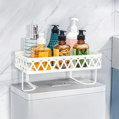 Image of Belle Vous White Over The Toilet Storage Shelf Stainless Steel Bathroom Organizer Rack No Drilling Space Saving for Toiletries, Roll, Cosmetics &amp; Accessories