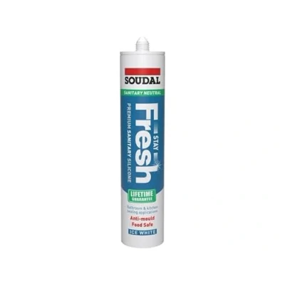 Image of Soudal Stay Fresh Bathroom Kitchen Neutral Acetoxy Cure Sanitary Silicone Sealant Colours 300ml, Low Modulus, Food Safe, XS1 fungicide (Ice White)