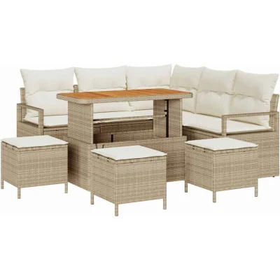 Image of vidaXL 9 Piece Garden Sofa Set with Cushions Beige Poly Rattan Acacia
