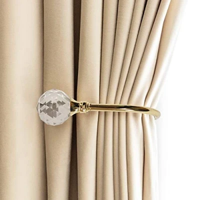 Image of PHOEWON 2 Pack Curtain Holdbacks Acrylic Crystal Ball Tie backs U Shaped Metal Wall Mounted Hook (Small, Gold)
