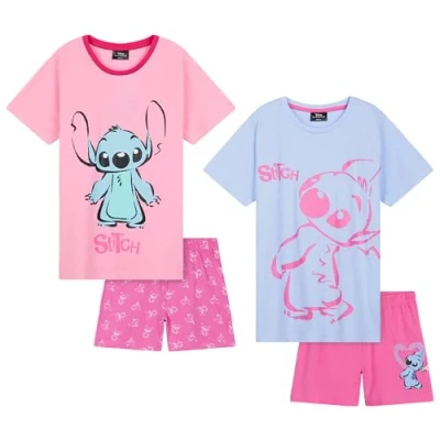 Image of Disney Stitch Girls Short Pyjama Sets, Cosy Breathable Loungewear Gifts (Blue/Pink 2 Pack, 13 14 Years)