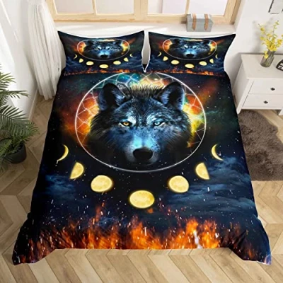 Image of Loussiesd 3D Print Wolf Duvet Cover Set Single Size Animal Pattern Bedding for Kids Boys Galaxy Dream Catcher Microfiber Polyester Comforter with 2 Pillow Shams, 3 Pcs, Blue