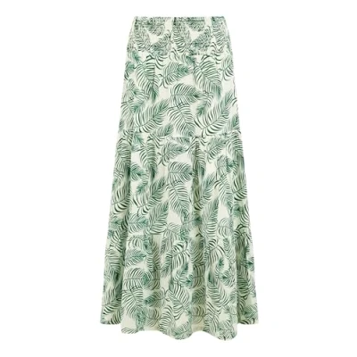 Image of Yumi Womens Green Cotton Voile Palm Leaf Ruched Waist Midi Skirt Size 12 UK