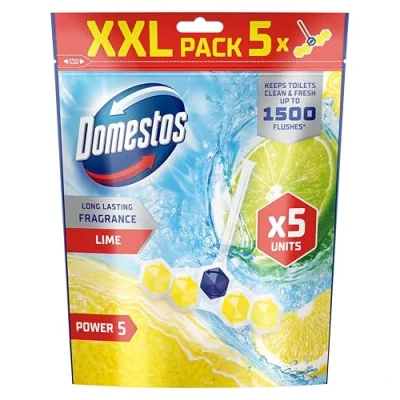 Image of Domestos Power 5 Lime toilet Rim Blocks freshener with a long lasting fragrance clean and freshen for up to 300 flushes 5x 50 g