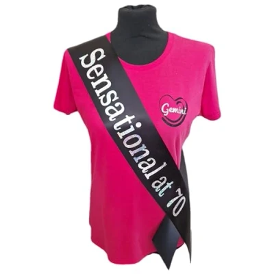 Image of 70th Birthday Sash 70 &amp; Sensational Beautiful Quality Black Ribbon and Holographic Silver Font