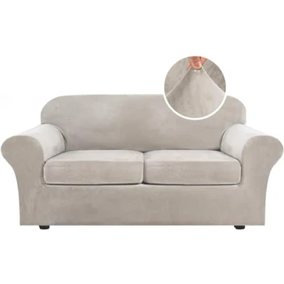 Image of LINGKY Velvet Sofa Cover 2 Seater With Separate Seat Cushion Covers, Stretch Couch Non Slip Slipcovers for Living Room Furniture Protector (Oatmeal,Large Seater)