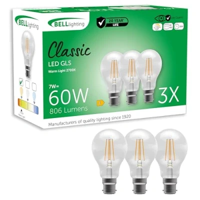 Image of Bell Lighting B22 Bayonet Filament Dimmable Light Bulb LED GLS 3 Pack Warm White 2700K 810 Lumen 7W Energy Saving 60W Halogen Lamp Equivalent