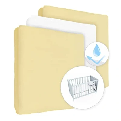 Image of 2 Jersey 100% Cotton Fitted Sheets with 1 Waterproof Mattress Protector for 120x60 cm Cot (Yellow)
