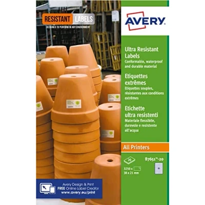 Image of Avery B7651 20 Ultra Resistant Labels, White (A4 38.1 x 21.3 mm, Labels)