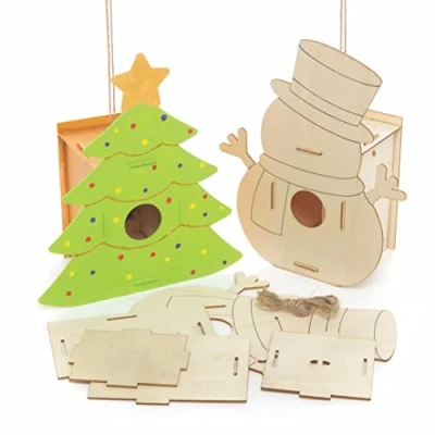 Image of Baker Ross FC167 Christmas Wooden Bird House Kits Pack of 2, Wood Crafts to Decorate and Display, Garden for Personalised Arts Projects, Make Your Own Kids, Green