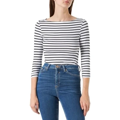 Image of Amazon Essentials Women&#039;s Slim Fit 3/4 Sleeve Boat Neck T Shirt, White Stripes, XS