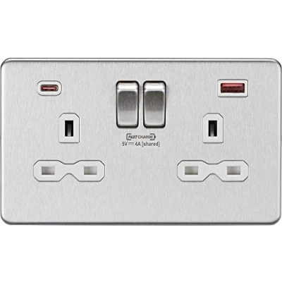 Image of KnightsBridge 13A 2G DP Switched Socket with Dual USB FASTCHARGE ports (A + C) Brushed Chrome white insert