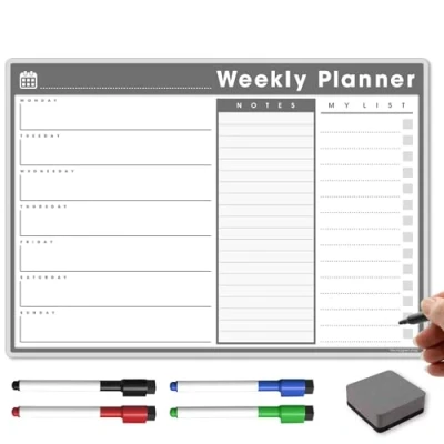 Image of TMS A3 Weekly Planner Whiteboard Magnetic Calendar for Fridge and Dry Wipe Pens Meal or Family Kitchen (Charcoal, WP)