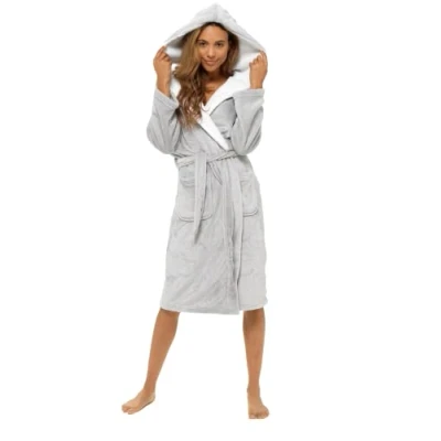 Image of INSIGNIA Ladies Dressing Gown Fluffy Super Soft Hooded (L, Light Grey)