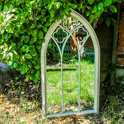 Image of Woodside Holtby XL Decorative Outdoor Garden Arch Mirror, White Rustic Metal, W: 61cm x H: 112cm