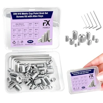 Image of Fixxely Grub Screws Assorted Kit 60PCS Stainless Steel 304 Set M3, M4, M5, M6, M8 Hex Headless with Allen Key Door Handle Repair &amp; Bathroom Fixtures
