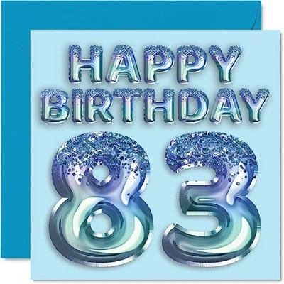 Image of 83rd Birthday Card for Men Blue Glitter Party Balloon Happy Cards 83 Year Old Man Great Grandpa Grandad Dad Gran, 145mm x Eighty Three Third Greeting Gift