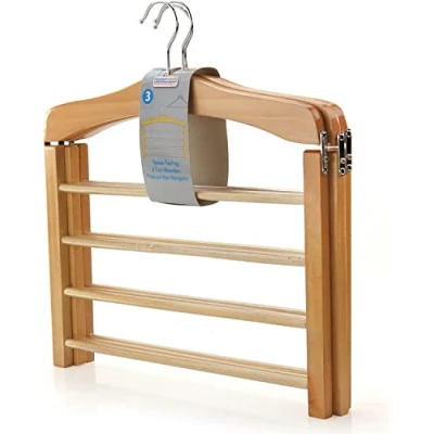 Image of Hangerworld 3 Pack of Wooden Trouser Hangers Multifunctional 4 Tier Clothes Storage Organiser with Non Slip Bars